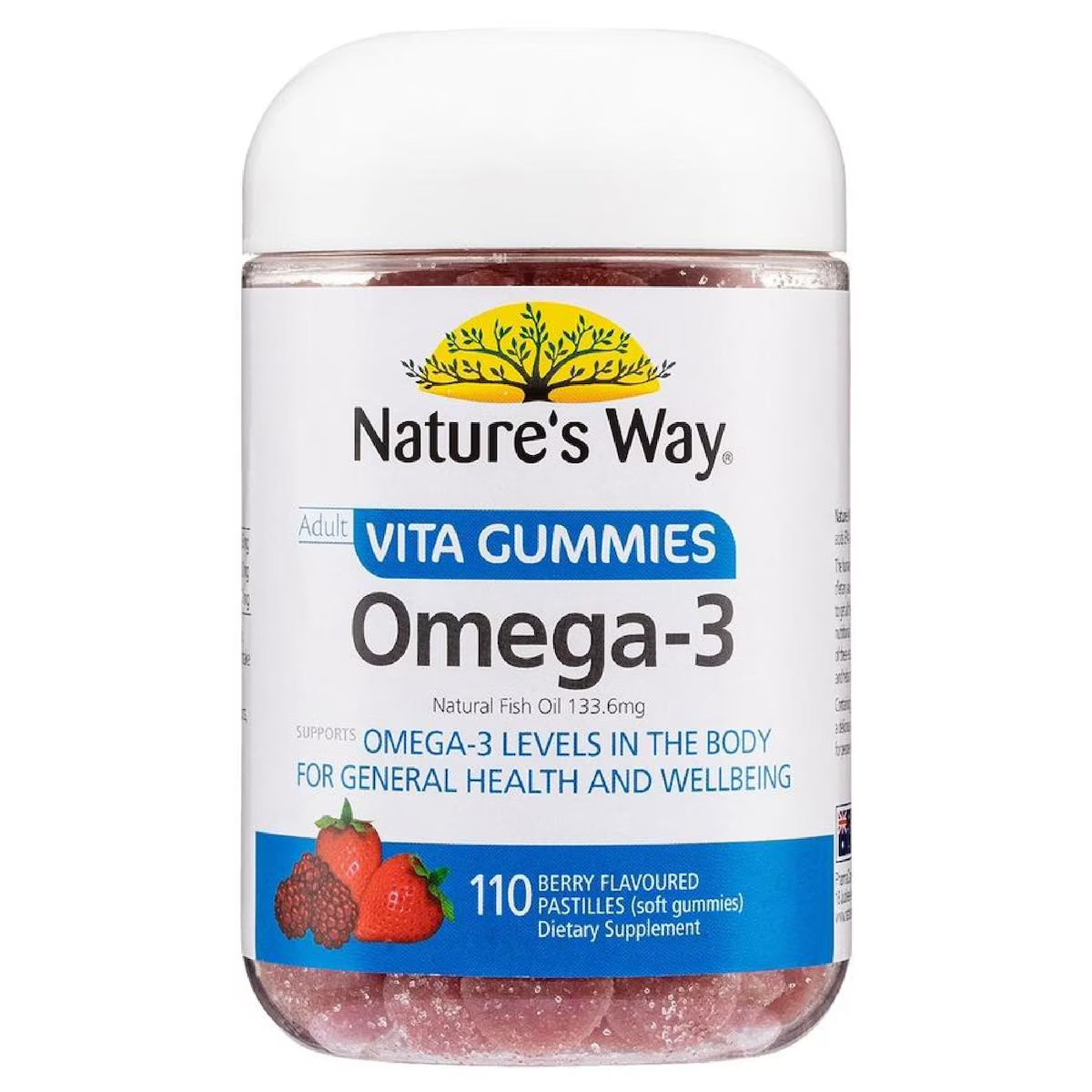 Nature's Way Adult Vita Gummies Omega-3 110 Pack, a bottle of omega-3 gummies designed for adult health, featuring a convenient 110-count supply of soft, chewable gummies for heart, brain, and joint support.