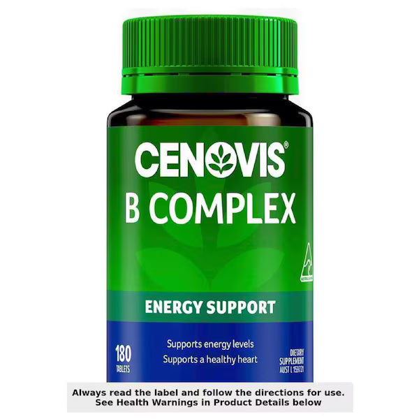 Cenovis B Complex 180 Tablets bottle, vitamin B supplement for energy and stress support, health and wellness product.