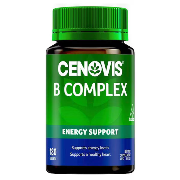 Cenovis B Complex 180 Tablets bottle, vitamin B supplement for energy and stress support, health and wellness product.
