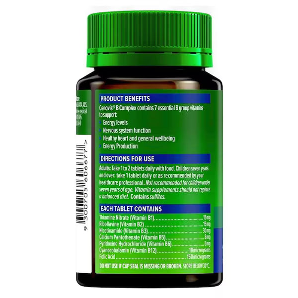Cenovis B Complex 180 Tablets bottle, vitamin B supplement for energy and stress support, health and wellness product.