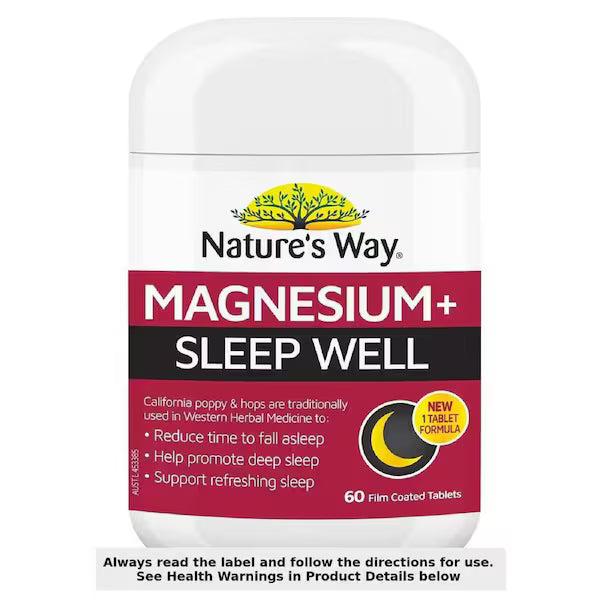Nature's Way Magnesium + Sleep Well 60 Tablets bottle – natural sleep support supplement with magnesium, lavender, and herbal extracts for relaxation and better sleep.