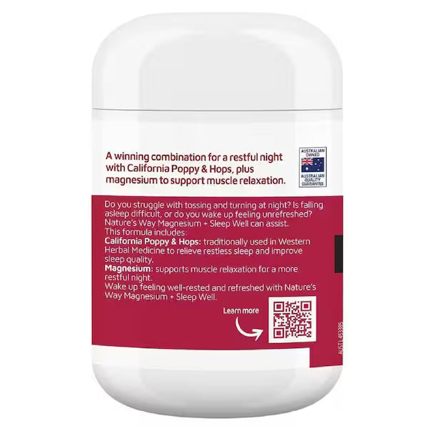 Nature's Way Magnesium + Sleep Well 60 Tablets bottle – natural sleep support supplement with magnesium, lavender, and herbal extracts for relaxation and better sleep.