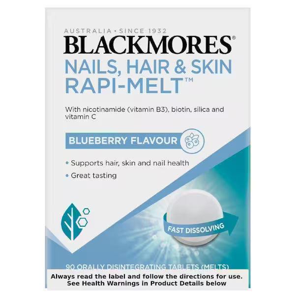 Blackmores Nails Hair & Skin Rapi-Melt 90 Tablets, dietary supplement for healthy hair, nails, and skin with rapid dissolving formula.