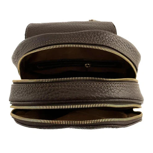 Dark brown genuine leather women's backpack by LeatherLuxe with sleek design, premium finish, and spacious compartments.