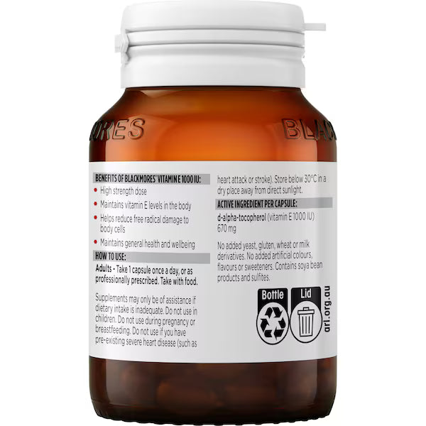 Blackmores Vitamin E 1000IU Cholesterol Health Capsules 30 pack – high-strength antioxidant supplement supporting heart and cholesterol health.