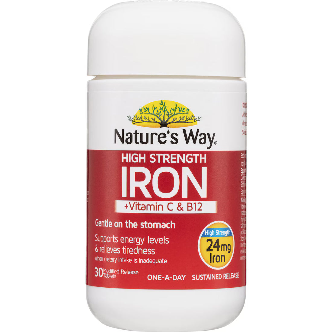 Nature's Way High Strength Iron + Vitamin C & B12 Tablets 30 Pack — dietary supplement for energy, vitality, and iron support in convenient tablet form.