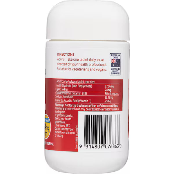 Nature's Way High Strength Iron + Vitamin C & B12 Tablets 30 Pack — dietary supplement for energy, vitality, and iron support in convenient tablet form.