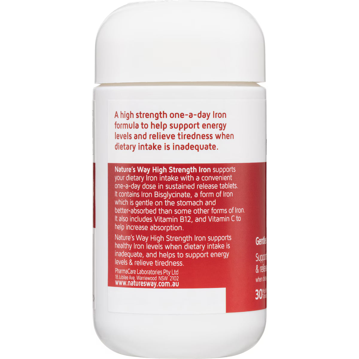 Nature's Way High Strength Iron + Vitamin C & B12 Tablets 30 Pack — dietary supplement for energy, vitality, and iron support in convenient tablet form.