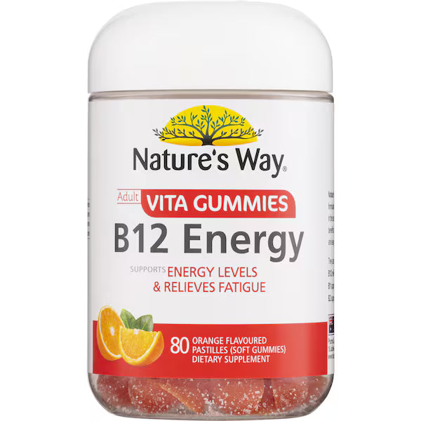 Nature's Way Adult Gummies B12 80 pack – vitamin B12 chewable gummies for energy and metabolism support in a fruity flavor bottle.