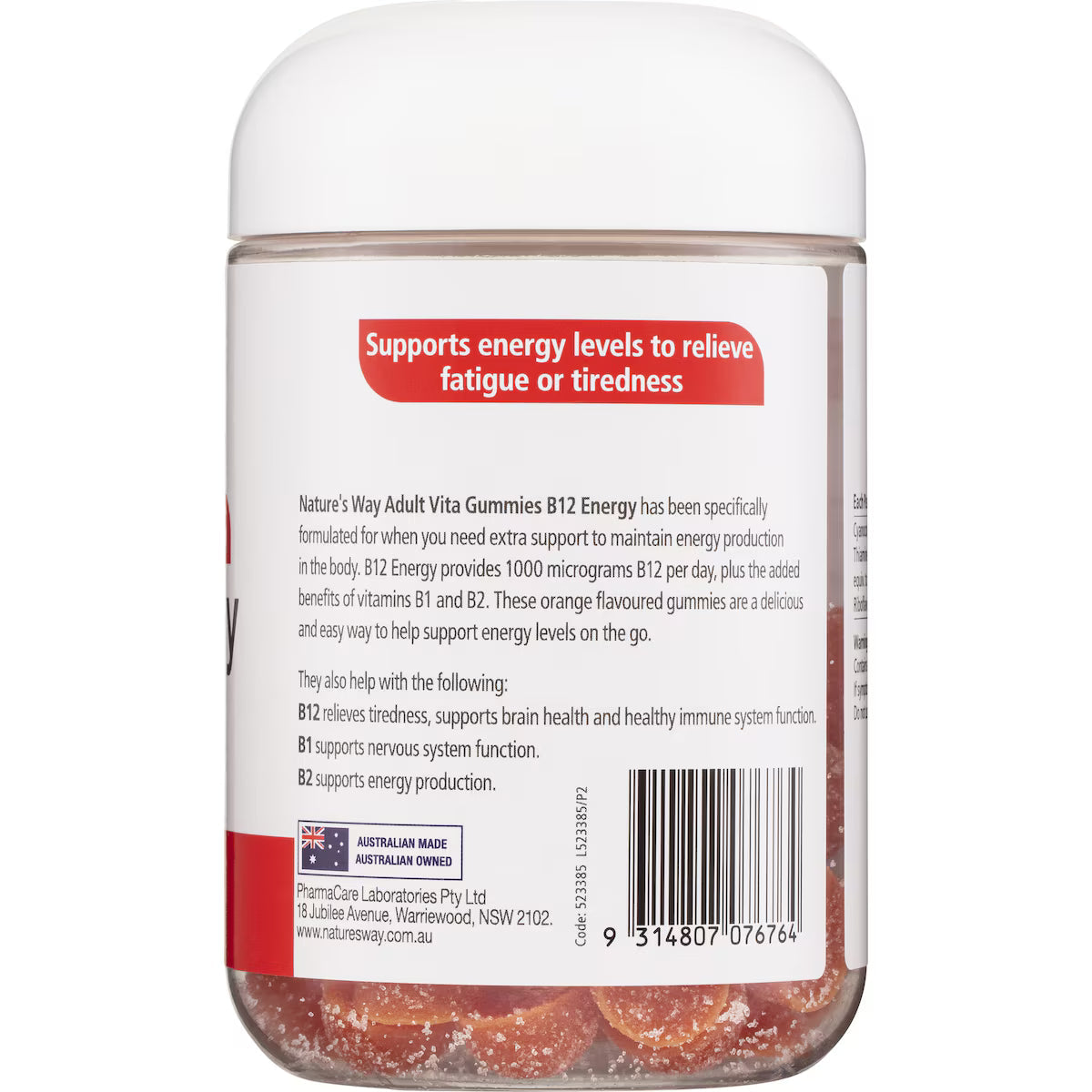 Nature's Way Adult Gummies B12 80 pack – vitamin B12 chewable gummies for energy and metabolism support in a fruity flavor bottle.