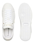 Lacoste Carnaby Pro Leather Sneakers in White/Gold, featuring a sleek leather upper with gold accents for a luxurious, stylish design.