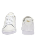 Lacoste Carnaby Pro Leather Sneakers in White/Gold, featuring a sleek leather upper with gold accents for a luxurious, stylish design.