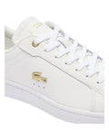 Lacoste Carnaby Pro Leather Sneakers in White/Gold, featuring a sleek leather upper with gold accents for a luxurious, stylish design.