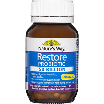 Nature's Way Restore Probiotic 50 Billion 30 Pack – daily probiotic supplement for gut health and digestive balance in convenient 30-capsule pack.