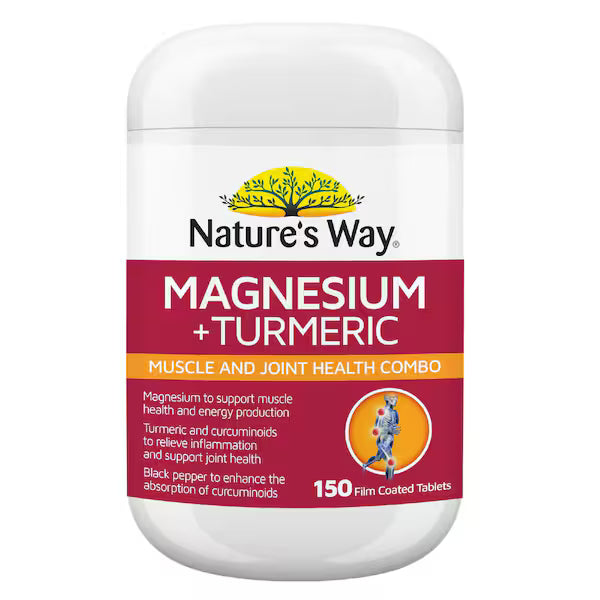 Nature’s Way Magnesium & Turmeric Tablets 150 pack — dietary supplement supporting muscle relaxation, joint comfort, and overall wellness.