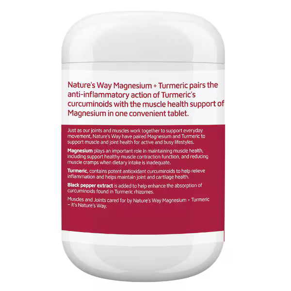 Nature’s Way Magnesium & Turmeric Tablets 150 pack — dietary supplement supporting muscle relaxation, joint comfort, and overall wellness.