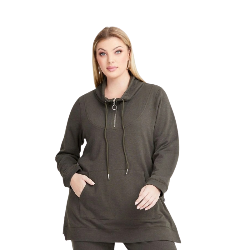 Taking Shape Funnel Neck Active Tunic in Khaki, view 1