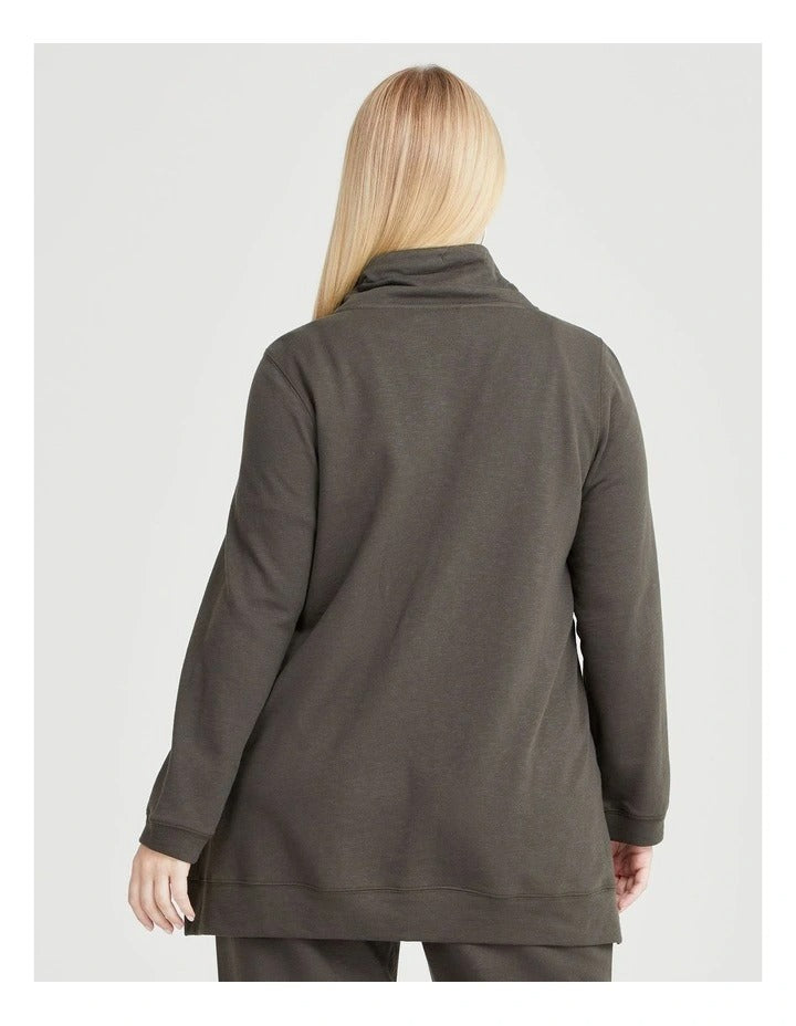 Taking Shape Funnel Neck Active Tunic in Khaki, view 2