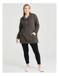 Taking Shape Funnel Neck Active Tunic in Khaki with long sleeves, half zip, kangaroo pocket, ribbed trims, and drawcord neckline for plus size comfort.