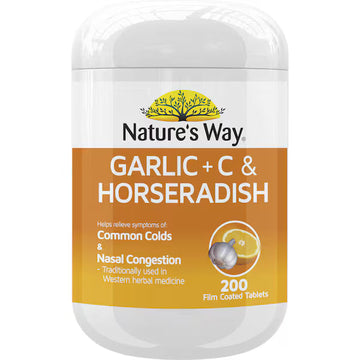 Nature's Way Immunity Defense Garlic & Horseradish 200 tablets bottle – natural immune support supplement with vitamin C, zinc, and herbal ingredients for cold and flu relief