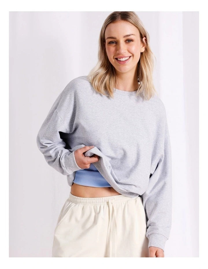 Relaxed fit crew neck top, 57% cotton, 38% modal, 5% elastane, worn by model 177cm, size 8.