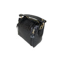 LeatherLuxe black leather handbag for women — elegant shoulder bag with premium finish and stylish gold accents