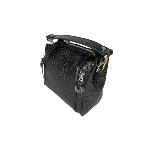 LeatherLuxe black leather handbag for women — elegant shoulder bag with premium finish and stylish gold accents