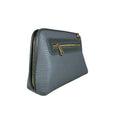 Elegant gray leather clutch bag by LeatherLuxe, featuring a minimalist design with detachable crossbody strap, premium stitching, and gold-tone hardware.