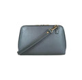 Elegant gray leather clutch bag by LeatherLuxe, featuring a minimalist design with detachable crossbody strap, premium stitching, and gold-tone hardware.