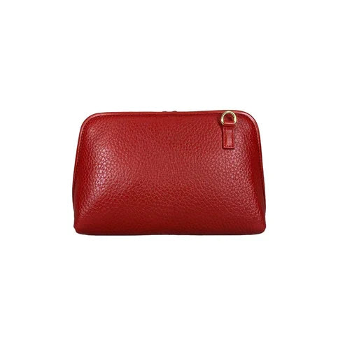 LeatherLuxe premium red leather clutch bag with gold hardware, designed for crossbody and shoulder wear, elegant women's accessory for evening and casual outings.