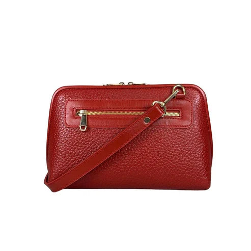 LeatherLuxe premium red leather clutch bag with gold hardware, designed for crossbody and shoulder wear, elegant women's accessory for evening and casual outings.