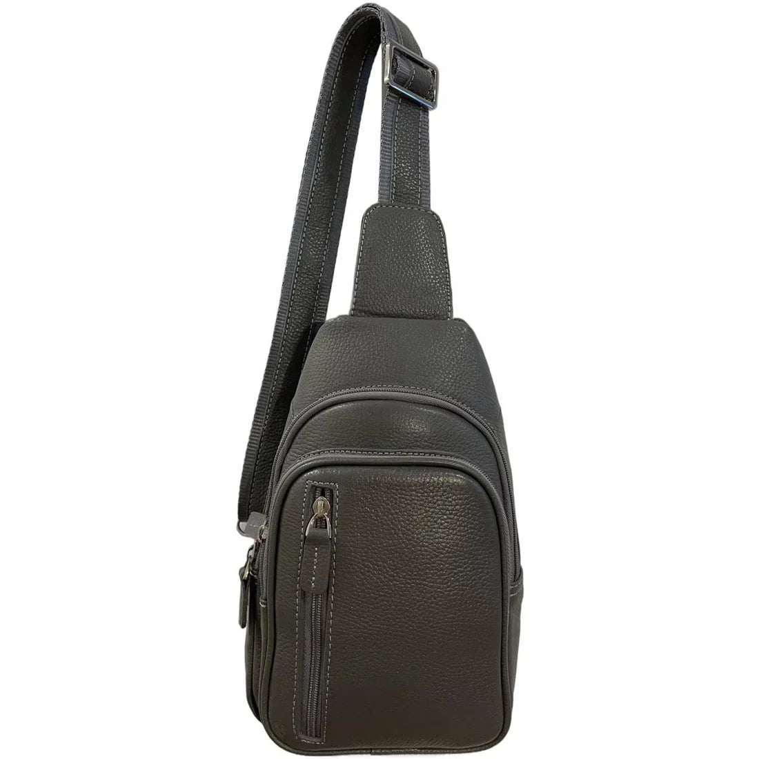 LeatherLuxe grey leather unisex sling bag – premium crossbody shoulder bag with adjustable strap, modern minimalist design, ideal for everyday use.