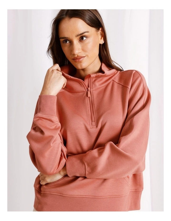 Chloe & Lola terracotta scuba loungewear quarter zip sweat for women, soft stretch fabric, regular fit, stylish zip neck