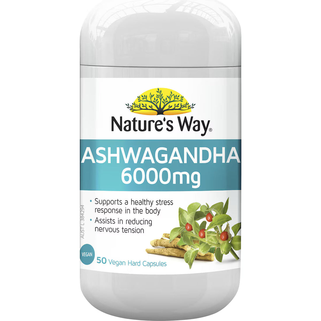 Nature’s Way Ashwagandha Hard Capsules 50 pack – natural stress relief supplement, adaptogenic herbal capsules supporting energy, calmness, and overall wellbeing.