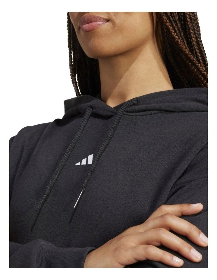 Adidas Essentials Small Logo French Terry Hoodie in Black with soft cotton blend and chest 3 Bar Logo