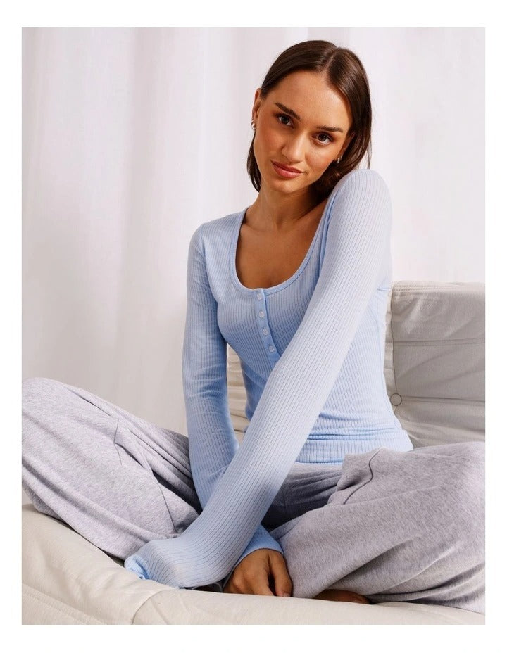 Chloe & Lola Loungewear Long Sleeve Henley Top in Baby Blue, view 5