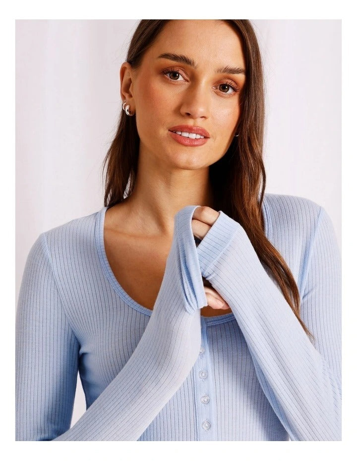 Chloe & Lola Loungewear Long Sleeve Henley Top in Baby Blue, view 4