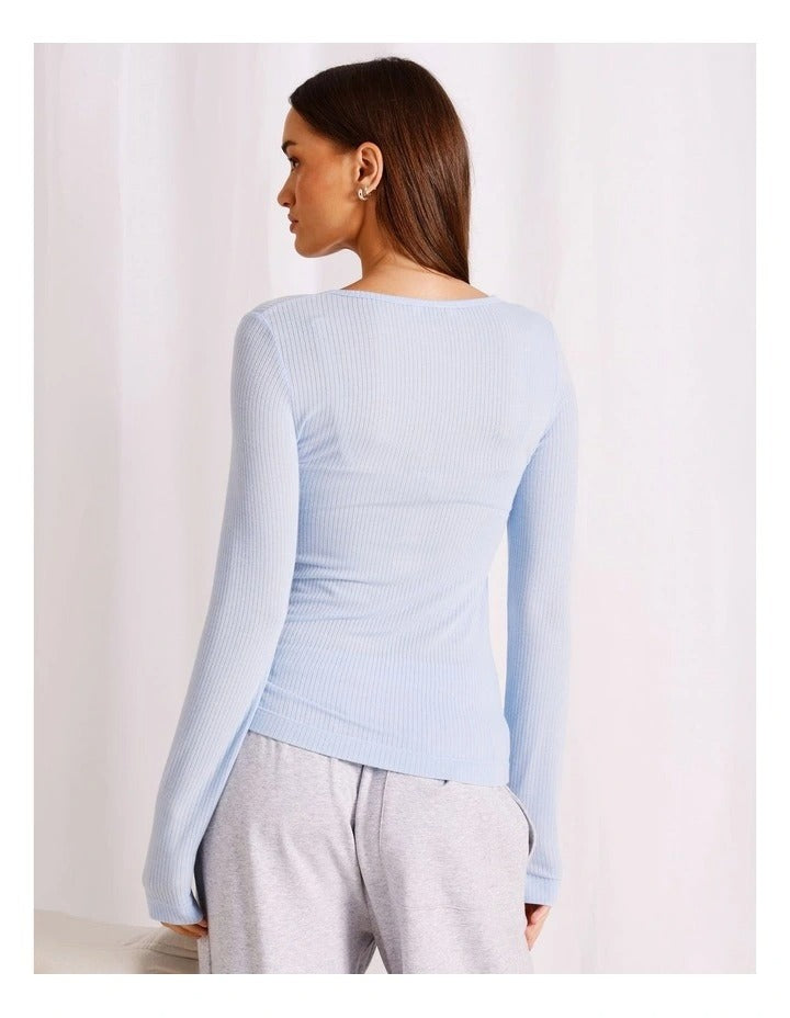 Chloe & Lola Loungewear Long Sleeve Henley Top in Baby Blue, view 2