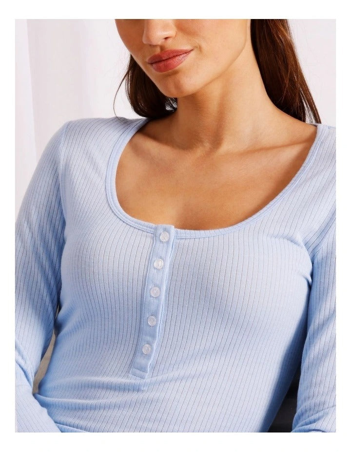 Chloe & Lola Loungewear Long Sleeve Henley Top in Baby Blue, view 3