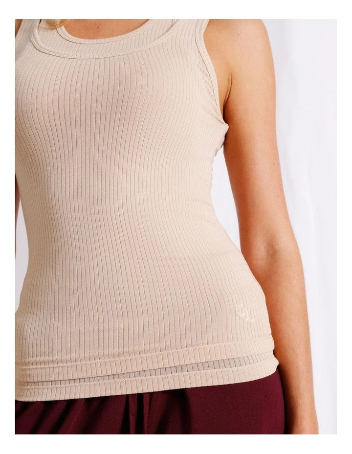 Chloe & Lola Loungewear Double Layer Tan in soft polyester fabric, featuring sleeveless design and round neck.