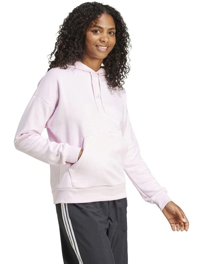 Adidas Essentials Feel Cozy Hoodie in pink cotton polyester blend with 3 Bar Logo on chest