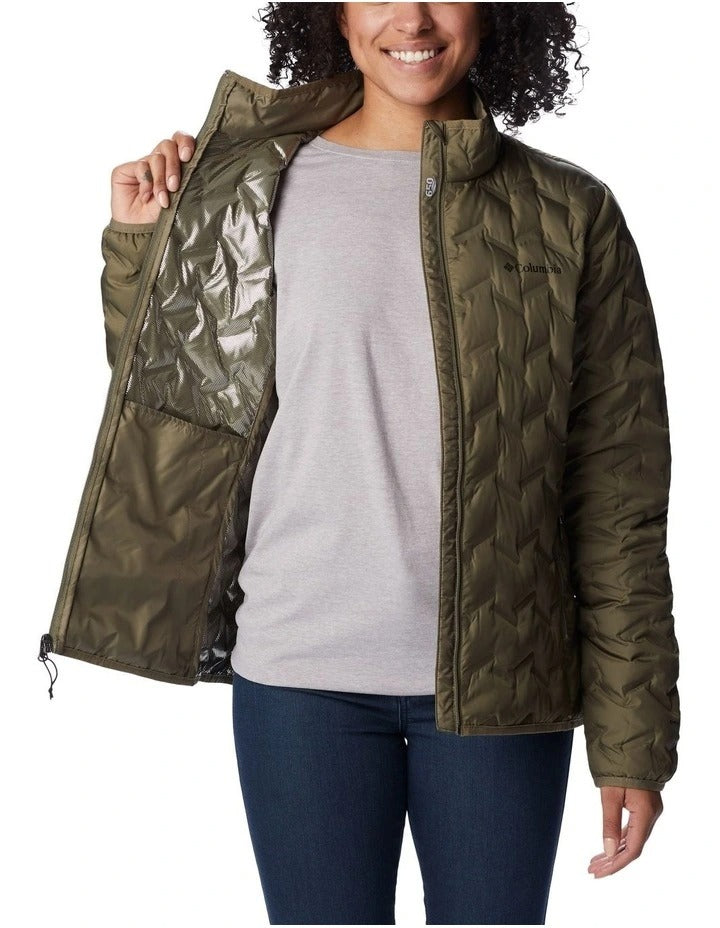 Columbia Delta Ridge II Down Hooded Jacket in Green with Omni-Heat lining, water-resistant fabric, and zippered hand pockets