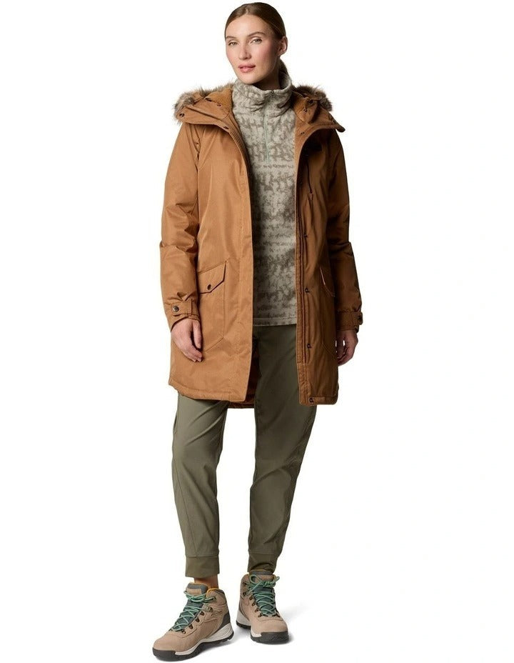Columbia Suttle Mountain Long Insulated Jacket in Camel Brown with hood, faux down insulation, and Omni-Heat lining
