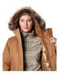 Columbia Suttle Mountain Long Insulated Jacket in Camel Brown with hood, faux down insulation, and Omni-Heat lining