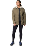 Columbia Birchwood II Quilted Jacket in Stone Green with Sherpa-lined interior, water-resistant shell, and zippered hand pockets