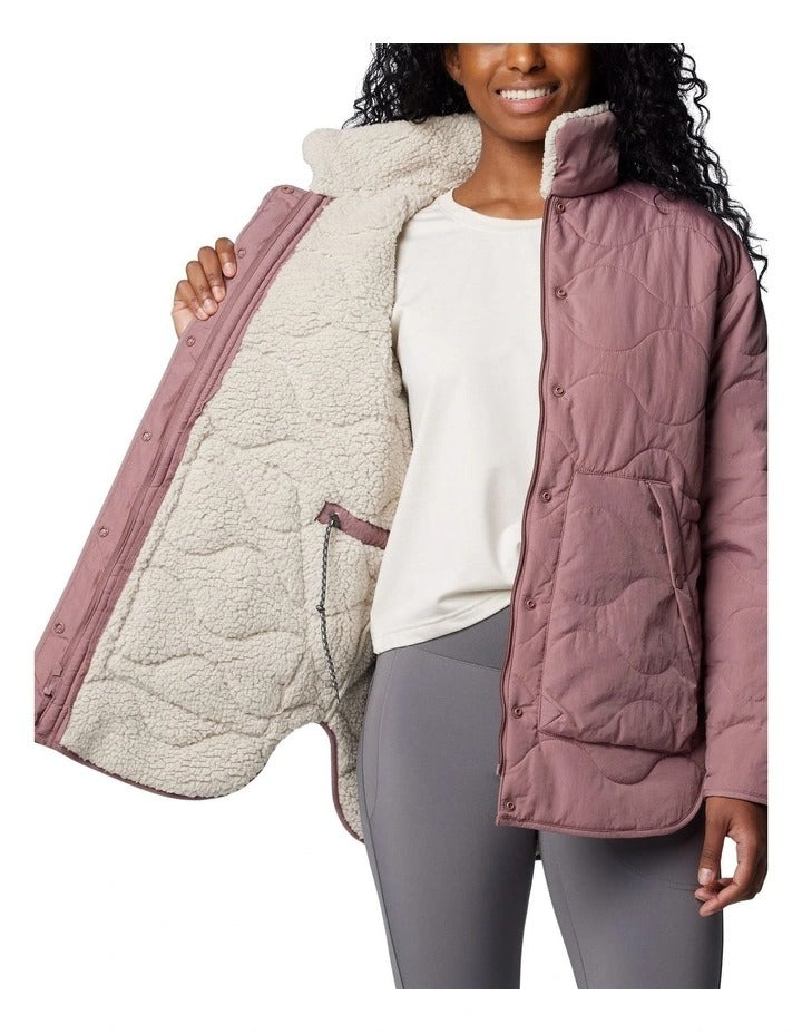 Columbia Birchwood II Quilted Jacket in Fig with Sherpa lining, water-resistant shell, and zippered pockets