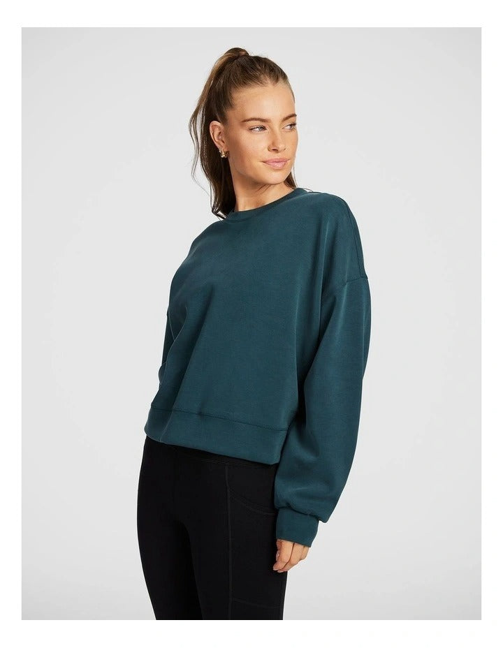 Rockwear Travel Hip Length Crew Sweater in Midnight Green, view 3