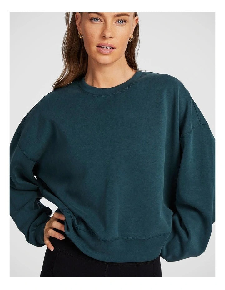 Rockwear Travel Hip Length Crew Sweater in Midnight Green, view 4