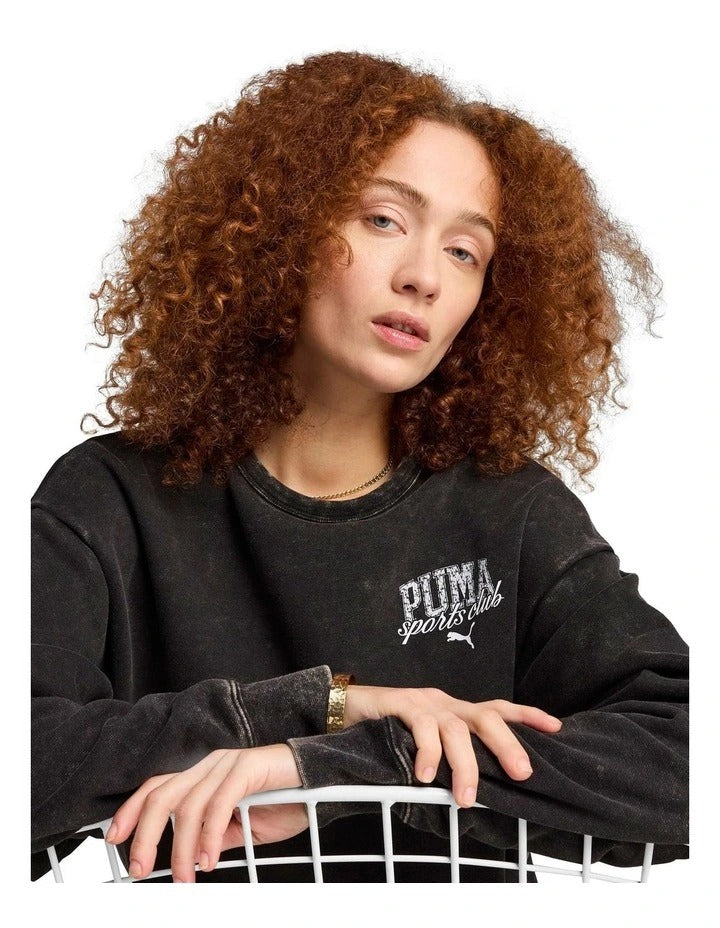 Puma Class Comfort Crew Jumper with vintage washed finish and graphic rubber print