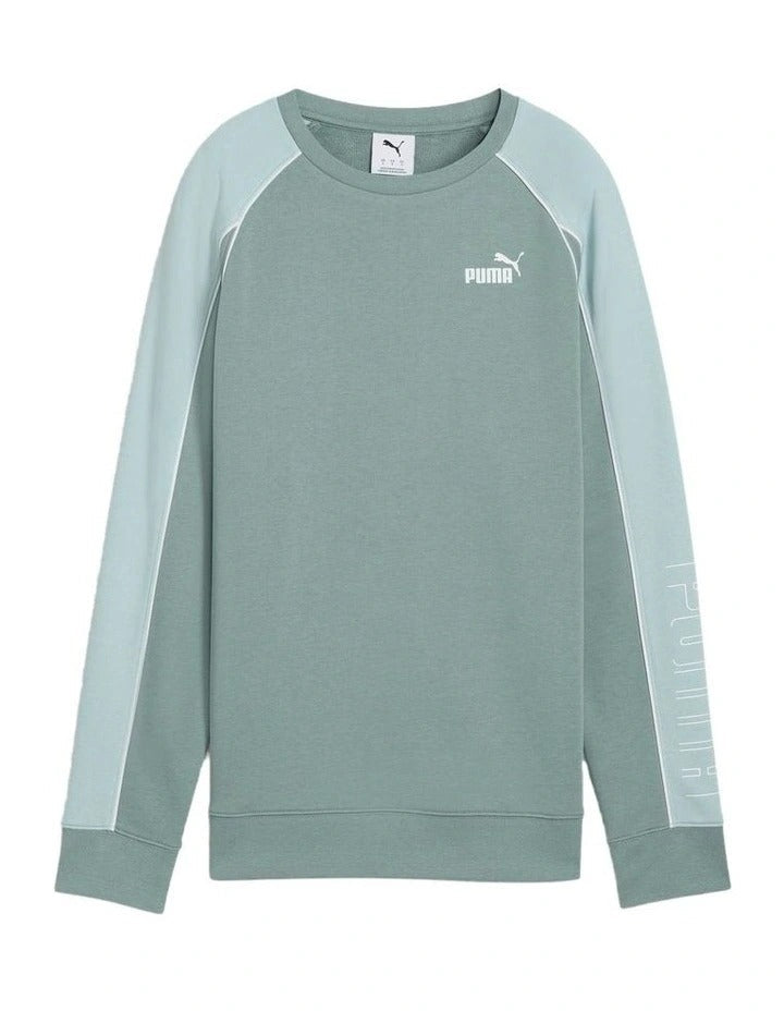 Puma Sport Relaxed Crew Jumper with cotton and recycled polyester blend, featuring No.1 logo rubber print, piping details, and ribbed neck and cuffs